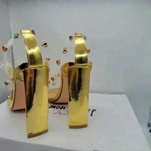 NEW IN BOX Lemon Drop by Privilege Strappy Gold Sandals 6.5 High Heel W/Stones - Picture 10 of 16